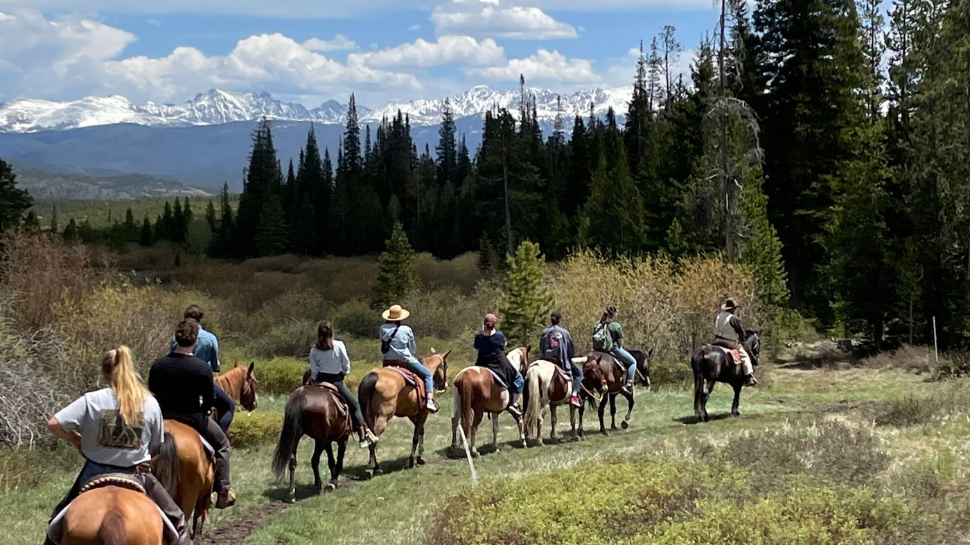 A wrangler-led trail ride through a green mountain meadow